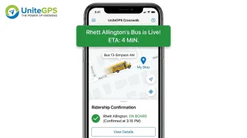 UniteGPS Crosswalk parent app displaying real-time school bus location and ETA