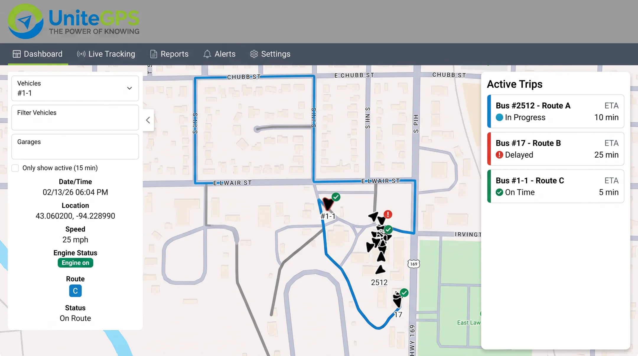 UniteGPS live dashboard showing real-time bus location tracking interface
