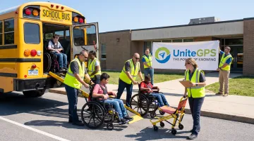 Special education students with mobility aids practicing school bus evacuation with staff assistance