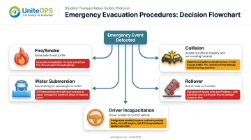 School bus emergency evacuation procedures by incident type decision flowchart