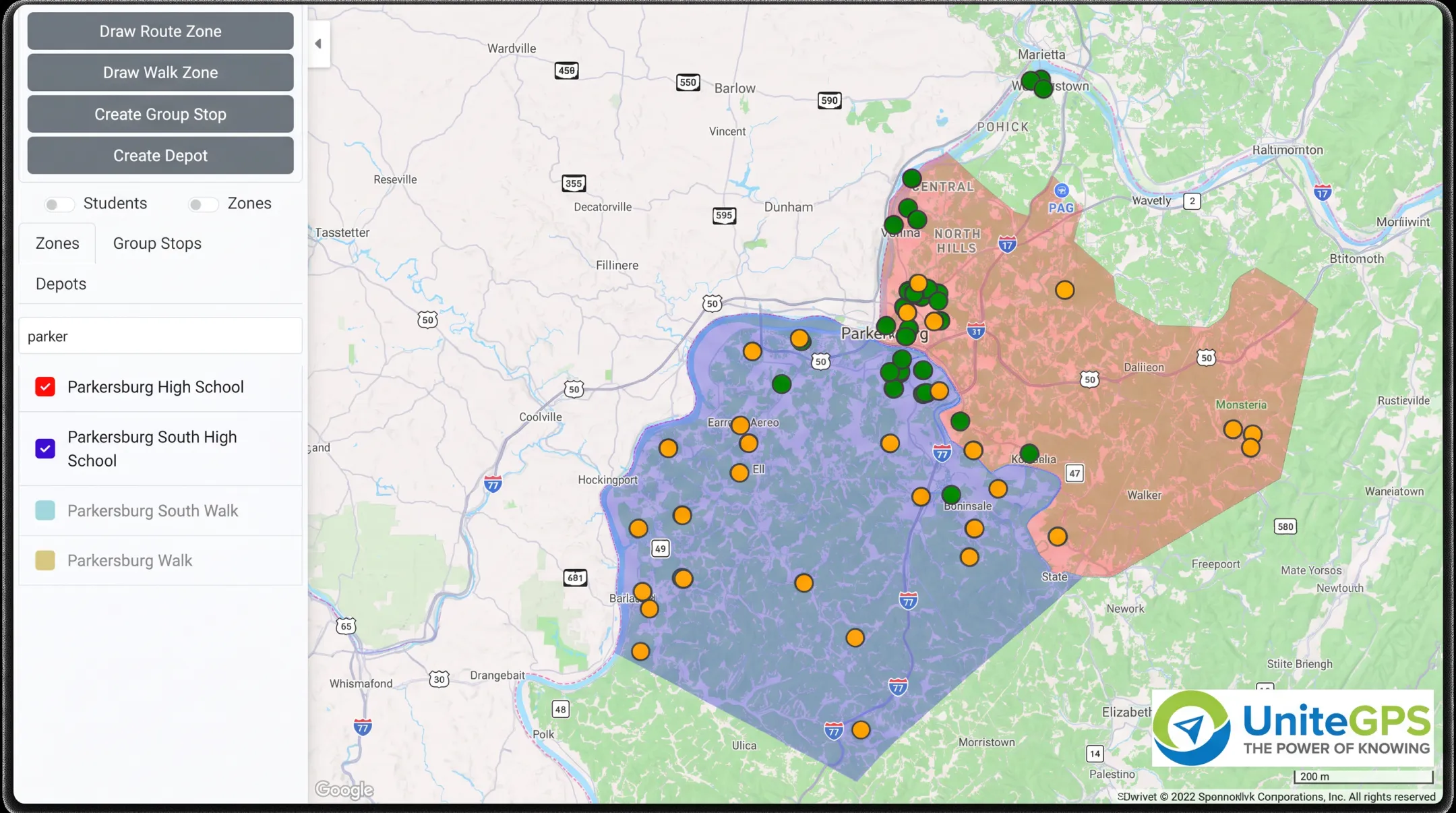 Crosswalk K-12 zone mapping interface showing student addresses and boundaries