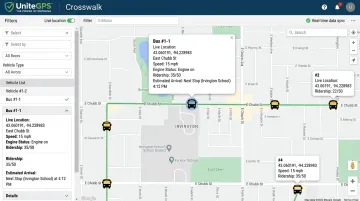 UniteGPS Crosswalk live GPS tracking dashboard showing real-time bus location