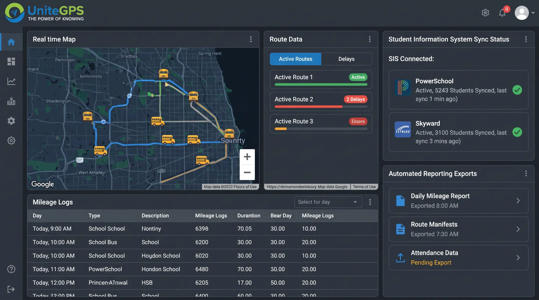 Fleet management dashboard showing SIS integration and automated mileage reporting