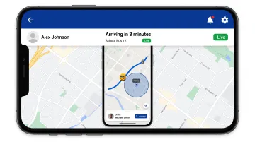 Parent smartphone displaying school bus GPS tracking app with real-time location and ETA notifications