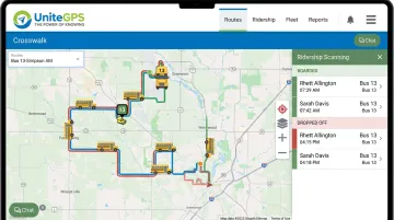 UniteGPS Crosswalk dashboard displaying real-time bus tracking and ridership scanning