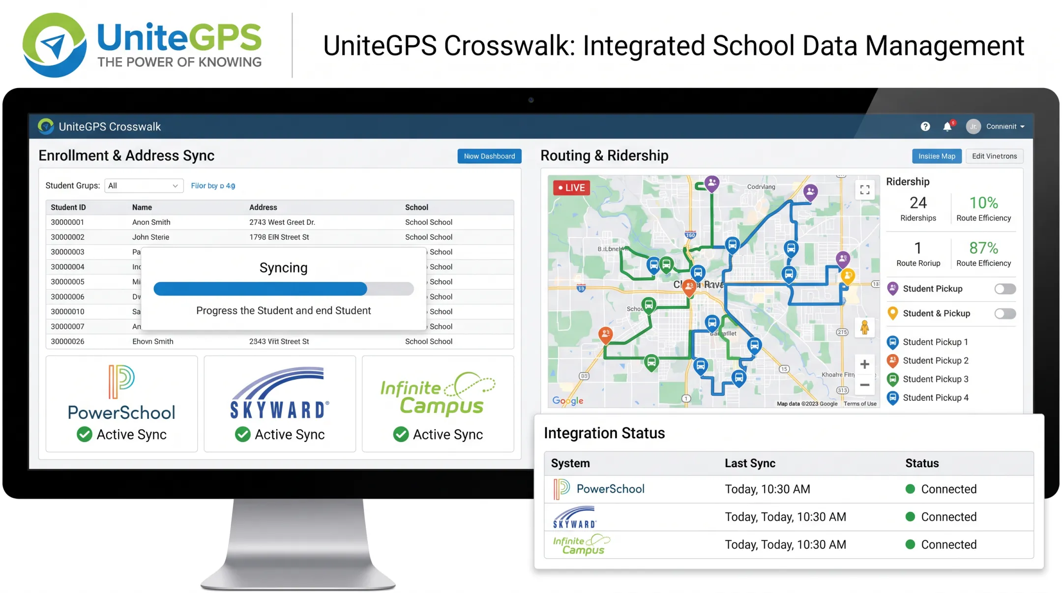 UniteGPS Crosswalk platform dashboard syncing SIS enrollment with routing