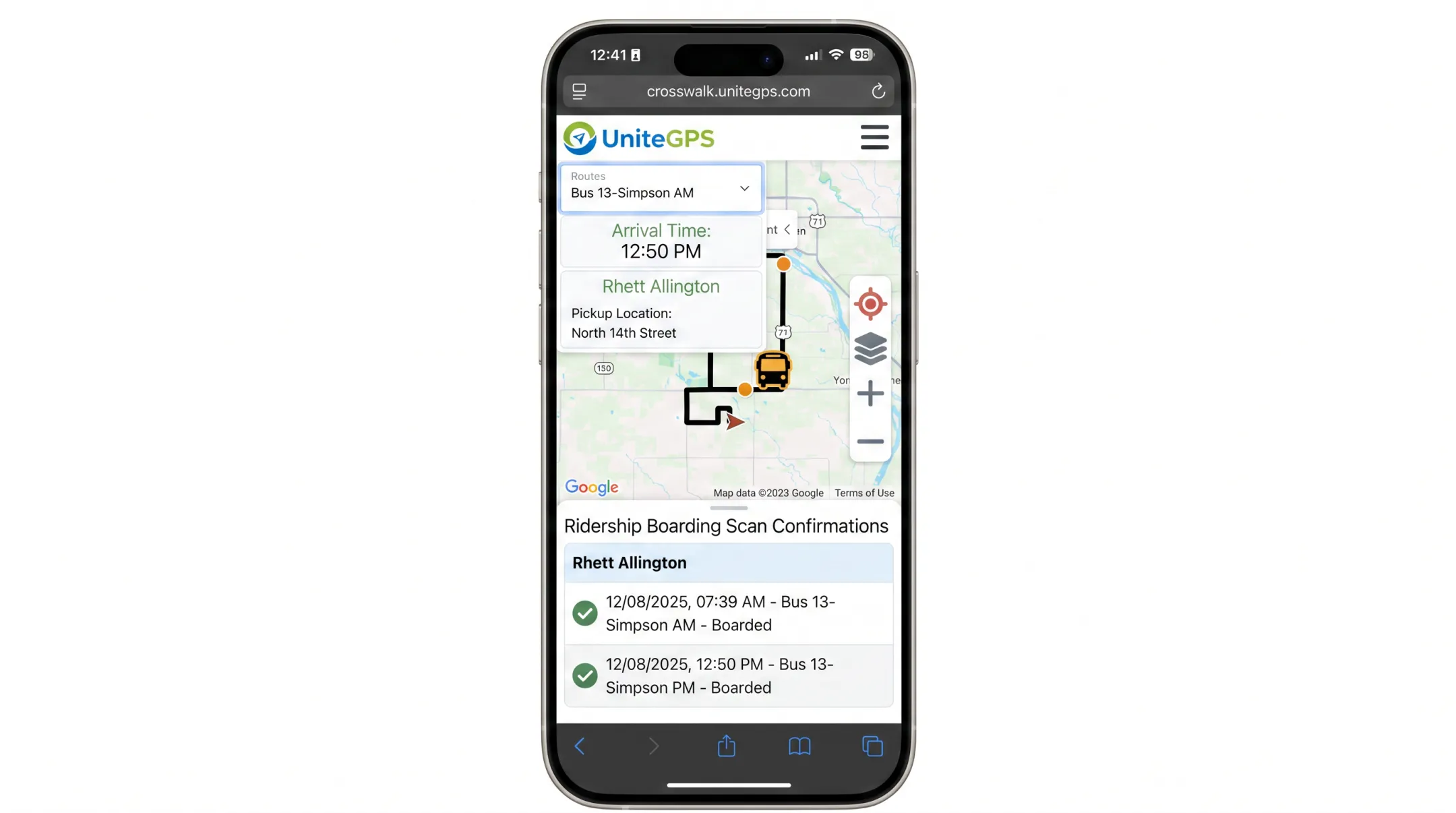 Parent app displaying real-time GPS bus tracking and ridership scan data