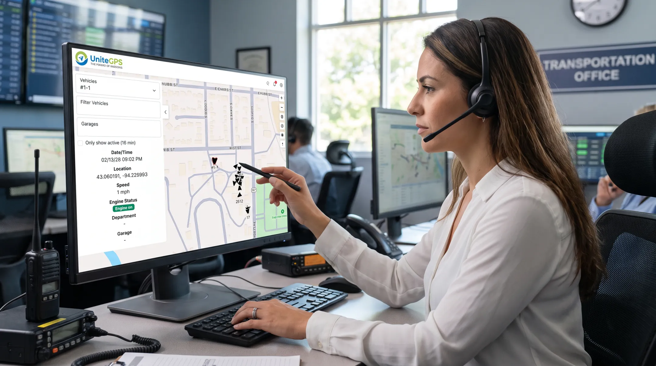Dispatcher dashboard tracking live bus and student location for parent calls