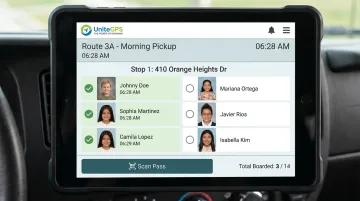 School bus tablet screen displaying student ridership barcode scanning interface