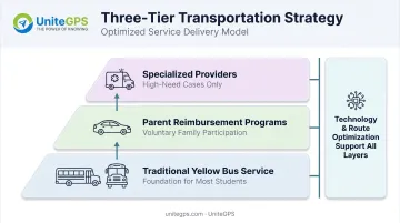 Multi-layered school transportation system showing traditional buses parent reimbursement and specialized providers