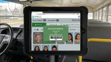 UniteGPS Crosswalk tablet showing barcode scan-on scan-off ridership tracking
