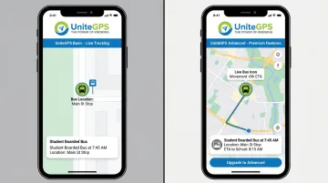 UniteGPS Crosswalk parent app showing live bus location and student boarding notification