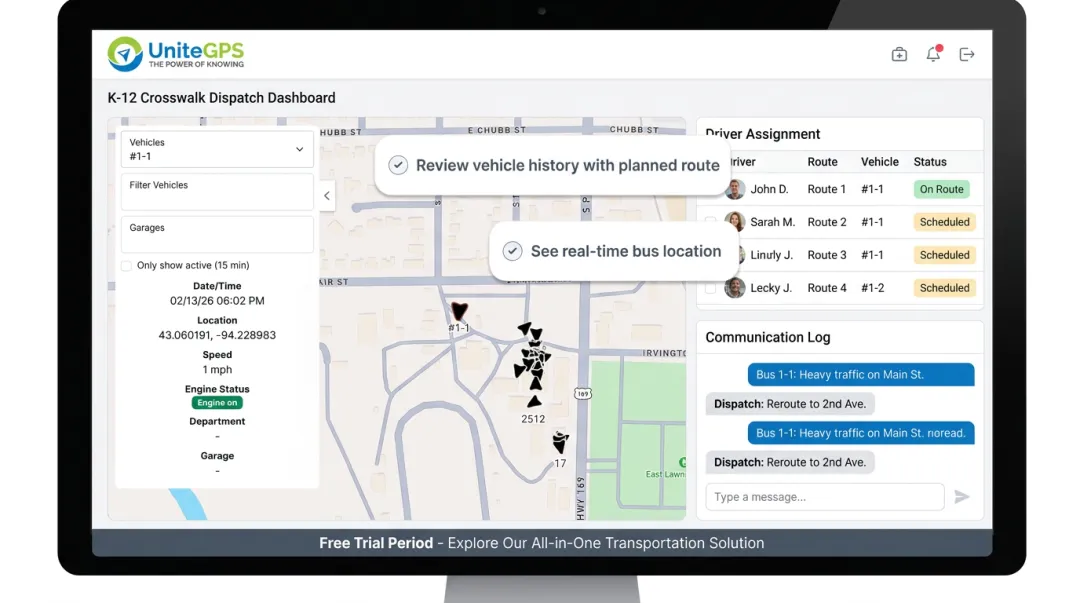 UniteGPS Crosswalk K-12 dashboard interface for school transportation management
