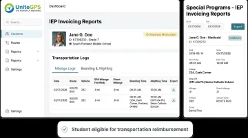 Transportation management platform showing GPS mileage logs and IEP invoicing records