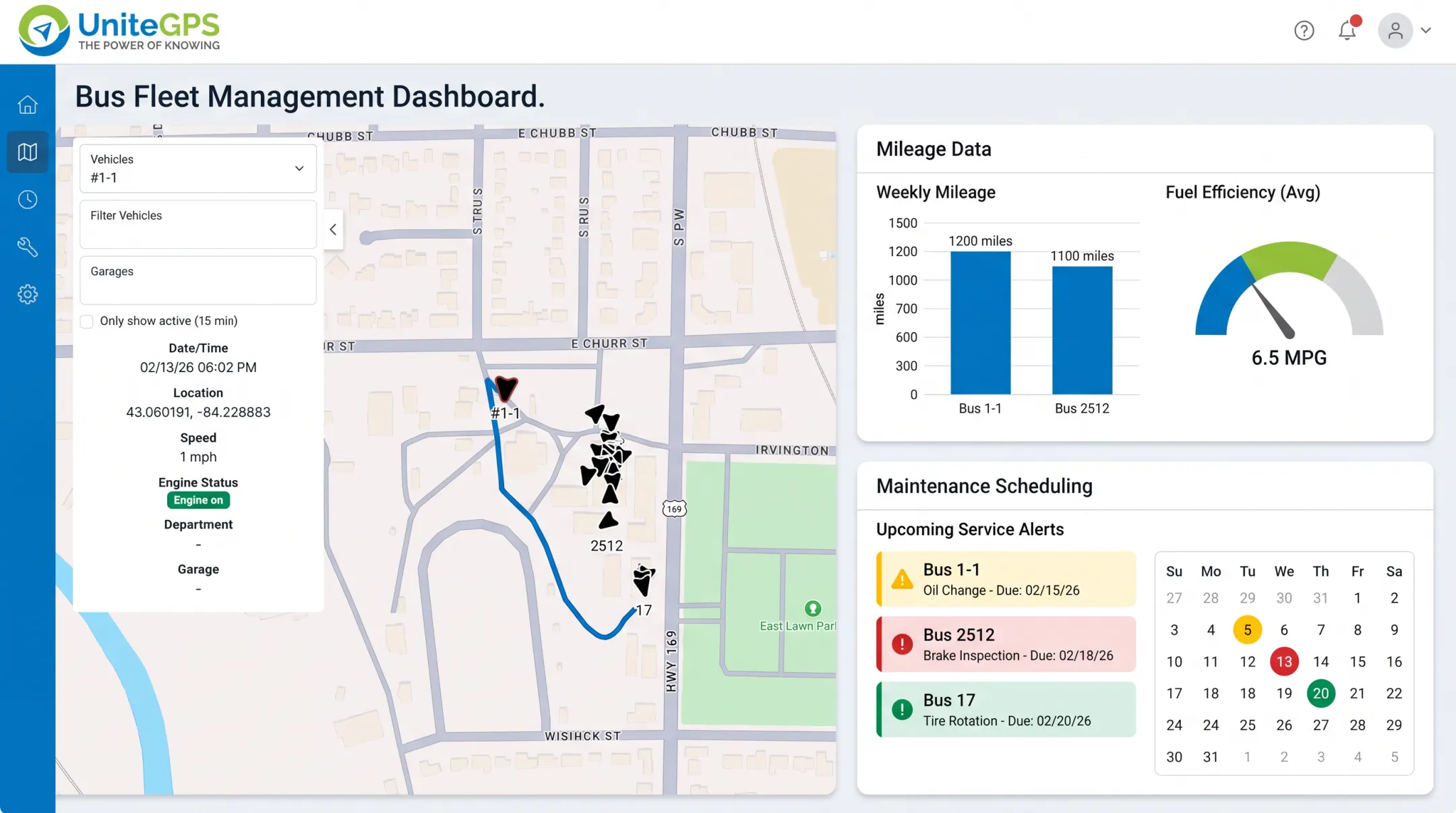 UniteGPS fleet dashboard displaying bus mileage and maintenance scheduling data