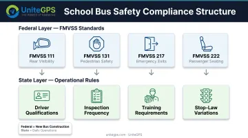 Two-layer school bus safety compliance structure showing federal FMVSS standards and state operational regulations