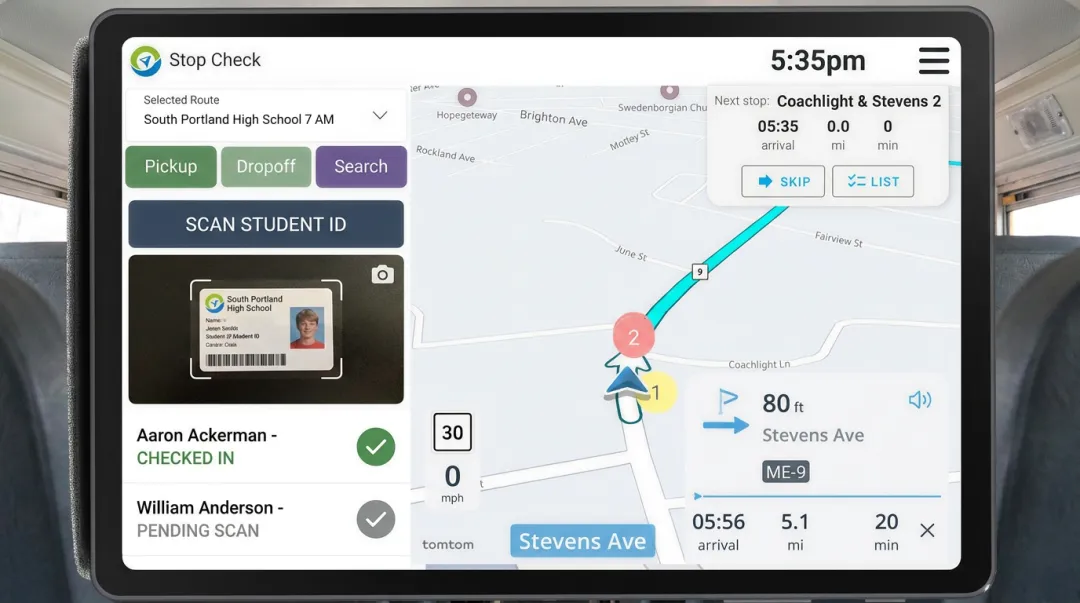 UniteGPS tablet interface displaying student ridership scanning and turn-by-turn navigation