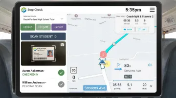 UniteGPS tablet interface displaying student ridership scanning and turn-by-turn navigation