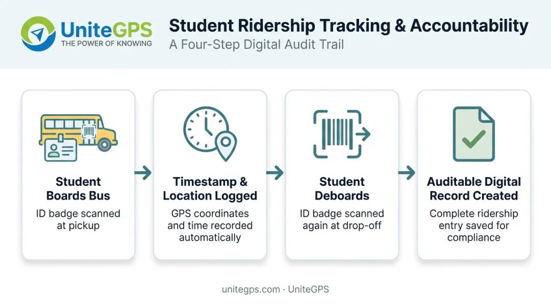 Student ridership tracking scan-in scan-out verification process flow