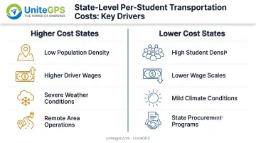 School transportation cost drivers by state comparison showing density wages and climate factors