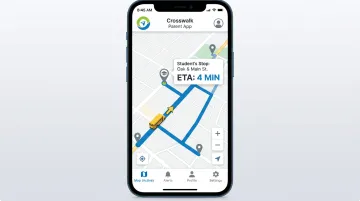 Crosswalk parent app live map showing school bus location and ETA