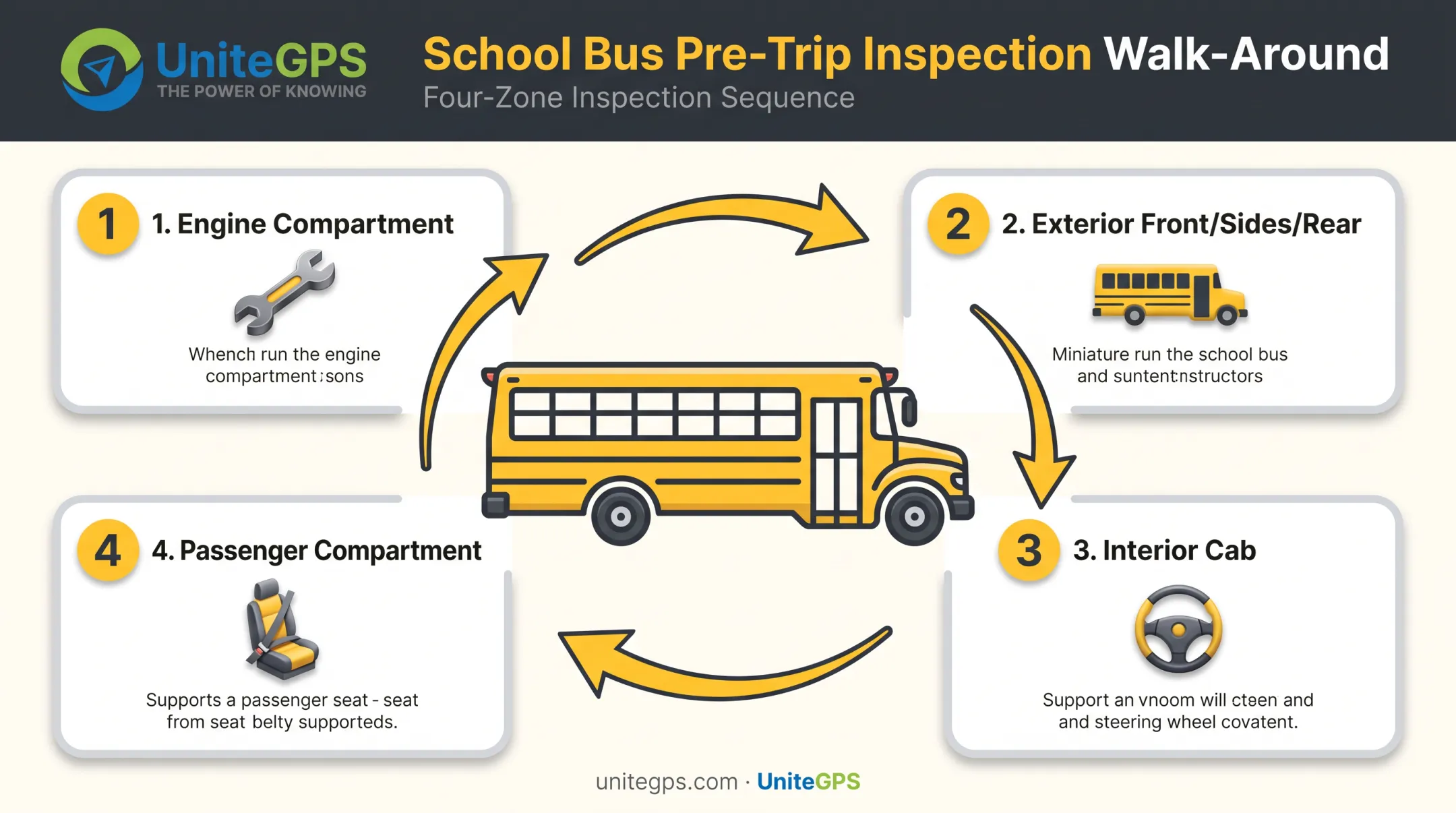Four-zone school bus walk-around inspection process flow diagram