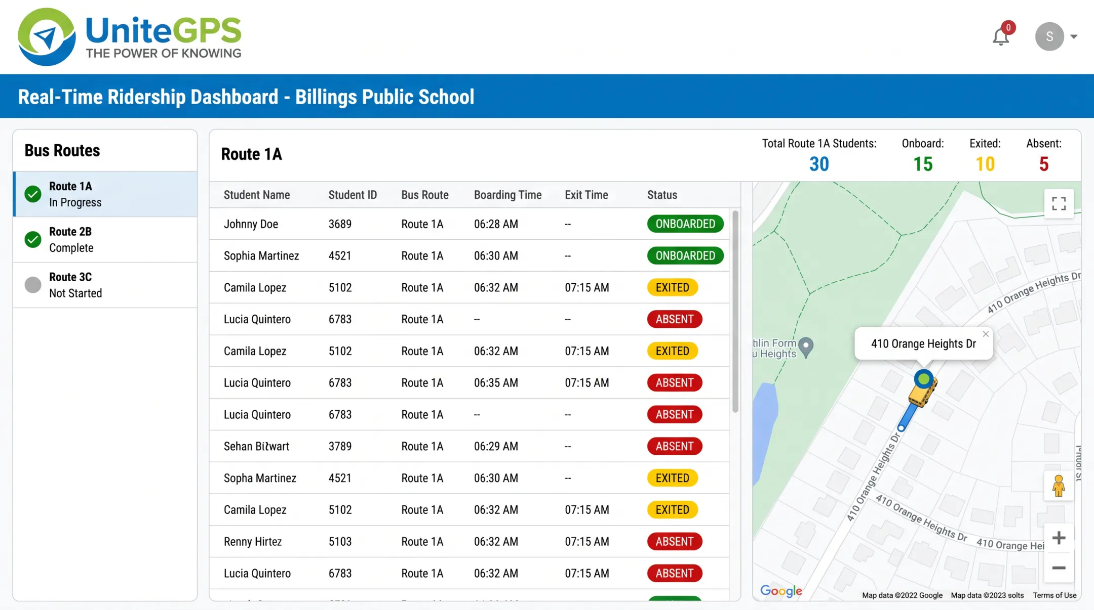 Transportation dashboard displaying real-time student ridership and boarding records