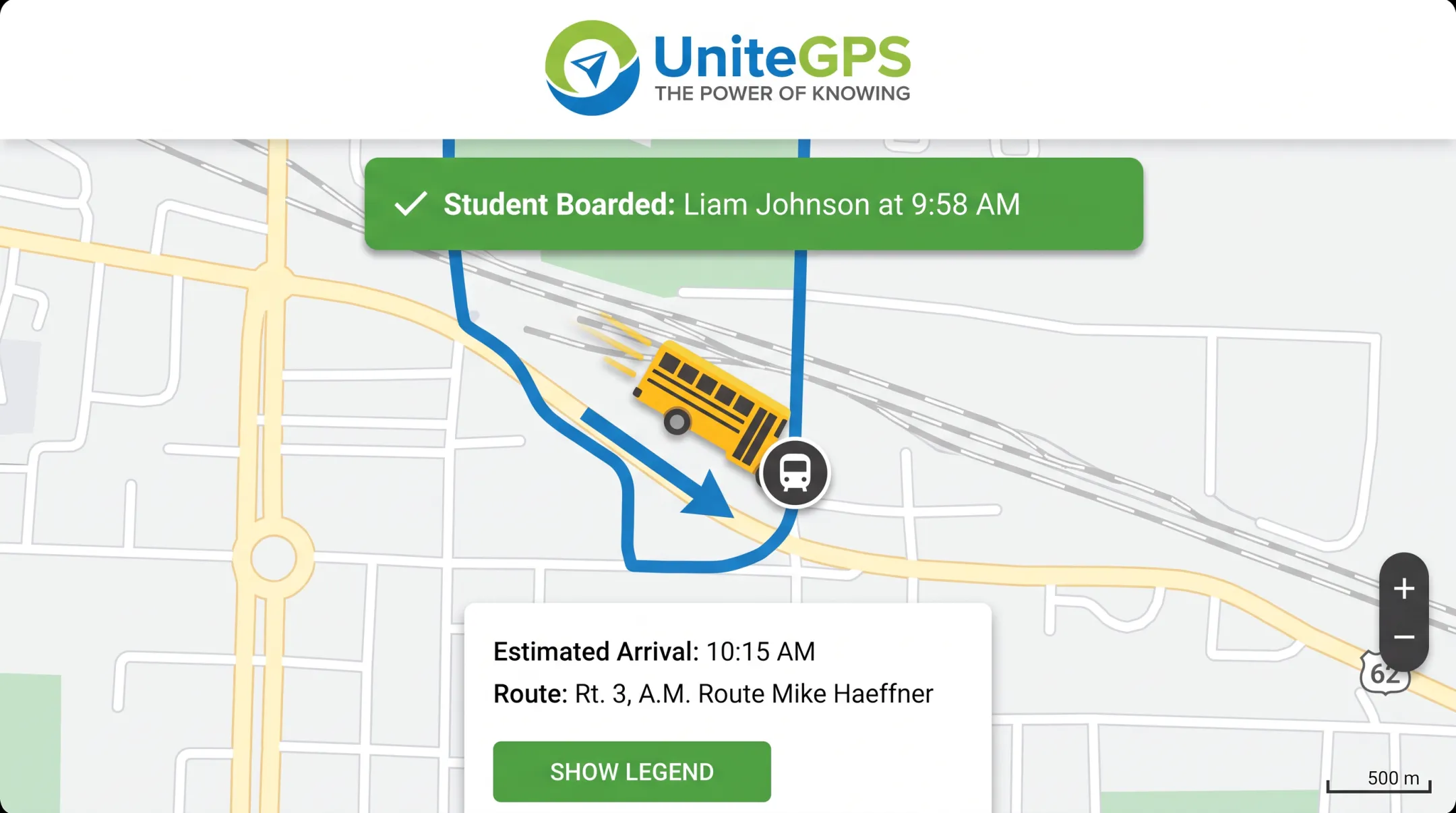 Parent mobile app showing live school bus location and arrival status