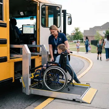 School bus driver helping a student with special needs board a school bus safely