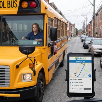 Yellow school bus driving through a Philadelphia neighborhood street