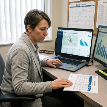 School transportation director reviewing route reports