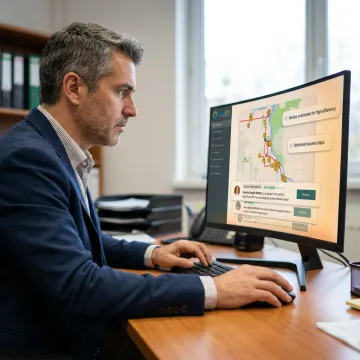 Transportation director reviewing bus routes on software