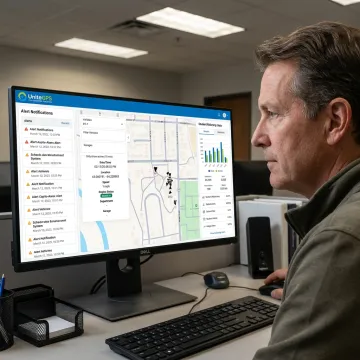 School transportation director monitoring bus routes on software dashboard