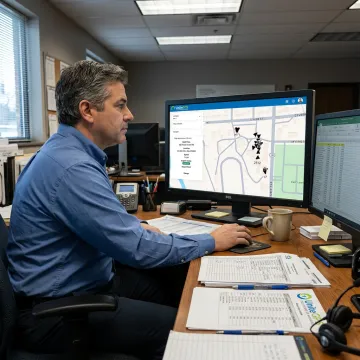 Dispatcher reviewing live school bus GPS tracking dashboard