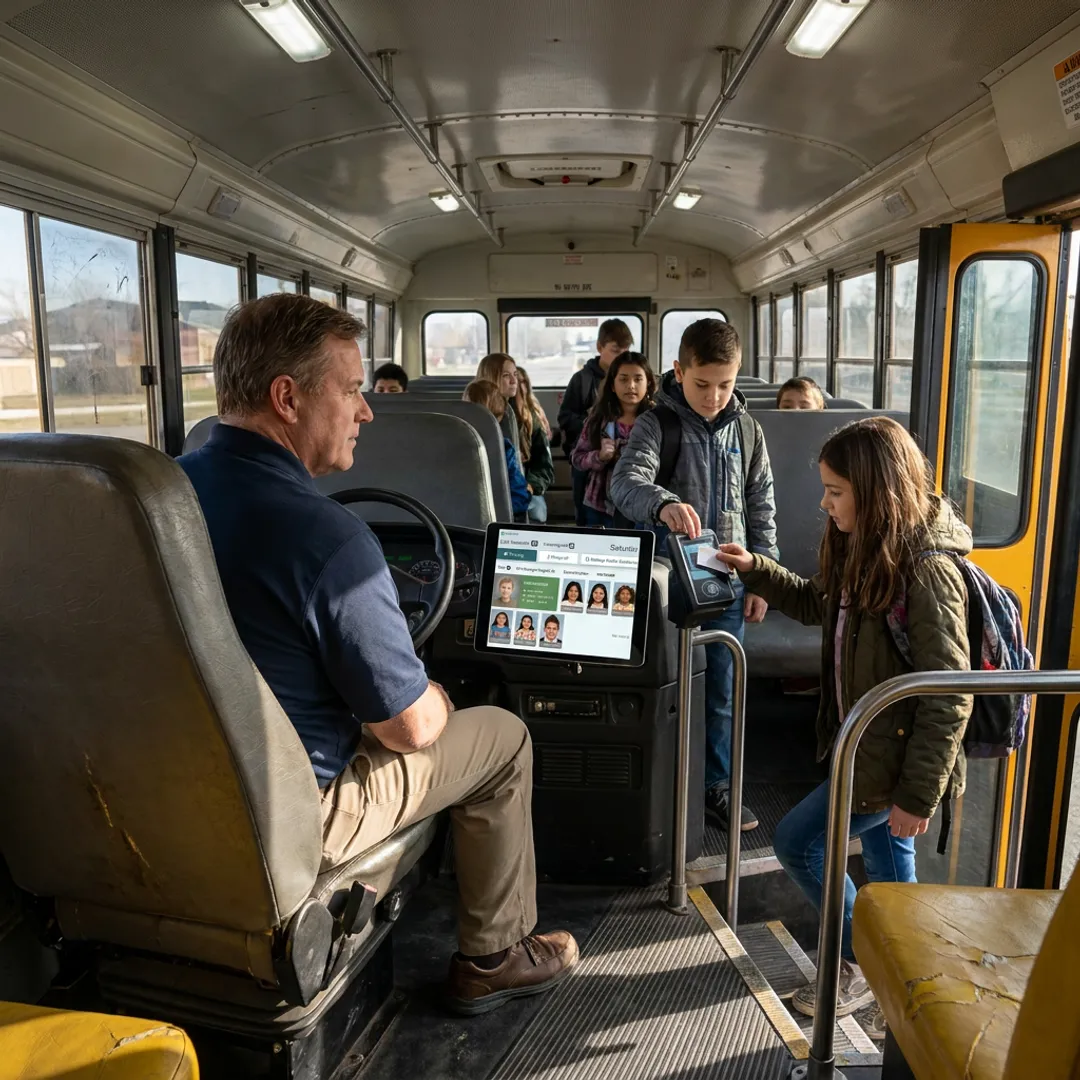 School bus driver using an RFID student tracking tablet