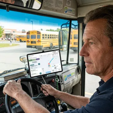 School bus driver using transportation tablet