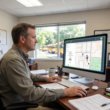 School transportation staff monitoring live bus locations