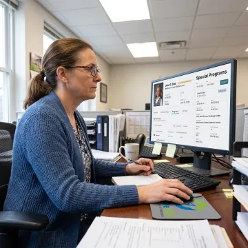 Transportation director reviewing student ridership data on a laptop