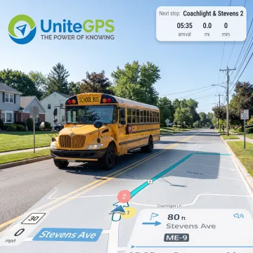School bus driving a route with GPS tracking dashboard overlay
