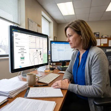 Transportation director reviewing bus routes on a laptop with a map dashboard
