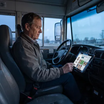 Driver using tablet to document student bus ridership
