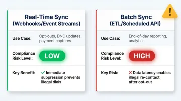 Real-time webhook sync versus batch ETL sync compliance risk comparison table