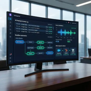 AI employee dashboard showing autonomous workflows across voice, chat, and CRM systems