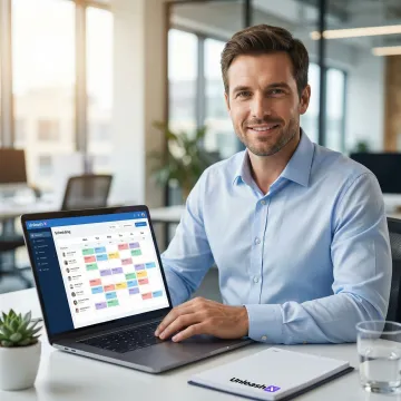 Team manager reviewing AI-generated staff schedule on a laptop
