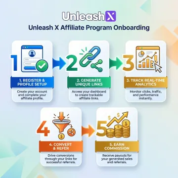 Step-by-step affiliate onboarding process illustrated with digital icons and a partnership handshake