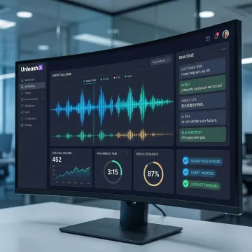 UnleashX AI voice agent platform dashboard showing live call analytics for enterprise contact center