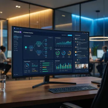 Enterprise AI workforce management platform dashboard showing autonomous AI employees handling sales, support, and operations workflows