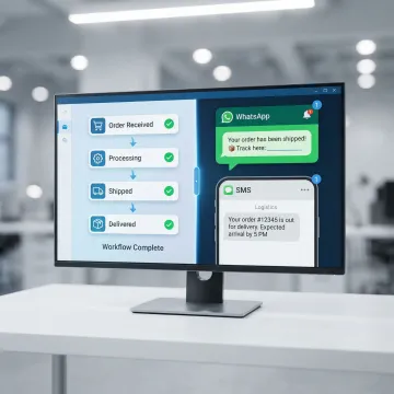 AI order management automation platform showing workflow orchestration and customer communication channels