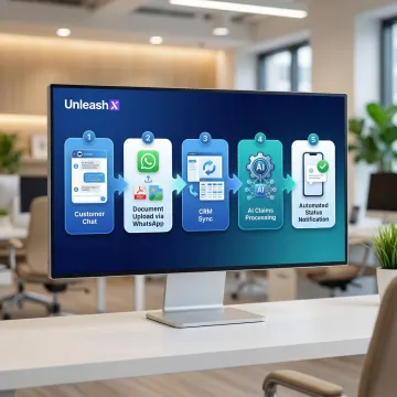 Step-by-step AI claims process flow showing customer interaction, document upload, and status update on mobile