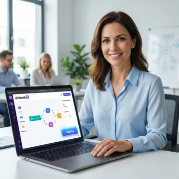 Step-by-step AI agent workflow builder setup on a laptop screen